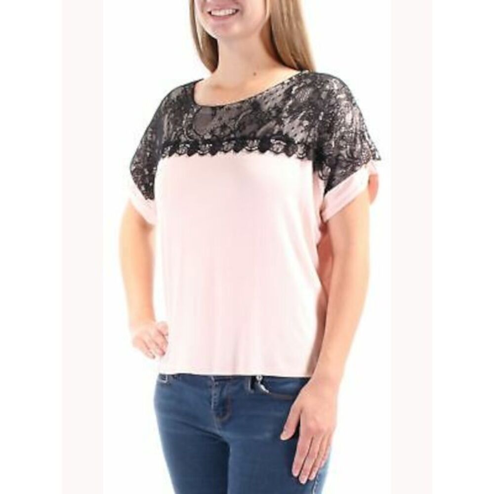 MON AMI Womens Pink Black Lace Jewel Neck Short Sleeve Top S